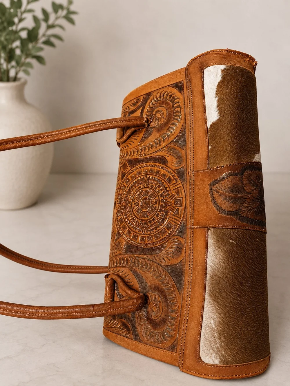 Vintage Handmade Real Calf Hair Leather Purse Bag Floral Mexico Boho Western
